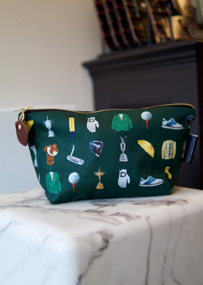 Premium Golf inspired Wash bag 100% Cotton Waterproof lining leather pull tag Made in UK Fathers Brother golf Travel bag hand-painted design Dark Green