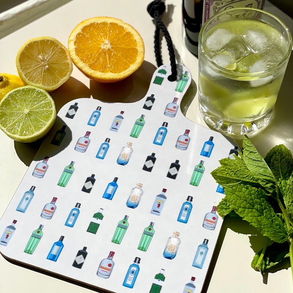 Gin Chopping Board Made in UK Hand-painted design Cocktail Garnishes GandT Gin Lover Gift Free P&P