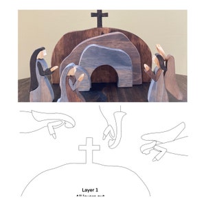 Puede incluir: Una escena de la natividad de madera con una cruz, una tumba y tres figuras. Las figuras est&aacute;n pintadas en tonos marrones y azules. La tumba est&aacute; abierta y las figuras est&aacute;n de pie alrededor. La escena est&aacute; colocada sobre una mesa de madera.
