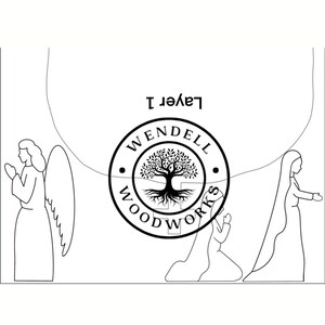 Puede incluir: Ilustraci&oacute;n en blanco y negro de l&iacute;nea de una escena de la natividad con una mujer arrodillada, un &aacute;ngel y una mujer de pie. La ilustraci&oacute;n incluye el texto "Wendell Woodworks" y "Layer 1".