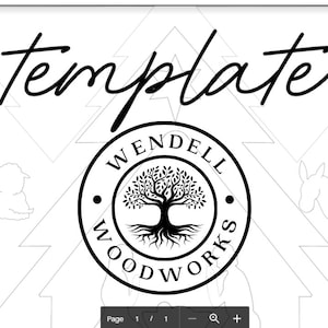 May include: Black and white template with the text "Template" at the top and a logo with the text "Wendell Woodworks" and a tree with roots in a circle. The logo is surrounded by a white background with a pattern of triangles.