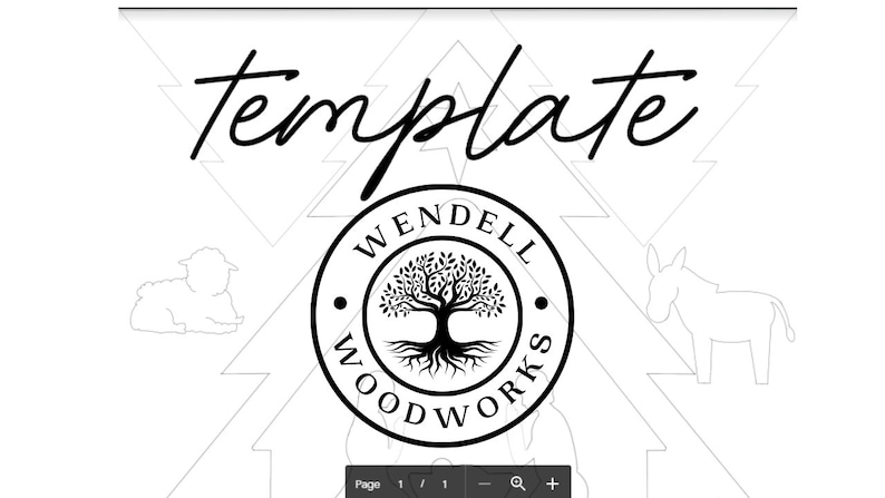 May include: Black and white template with the text "Template" at the top and a logo with the text "Wendell Woodworks" and a tree with roots in a circle. The logo is surrounded by a white background with a pattern of triangles.