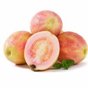 May include: Four guavas, one halved to reveal pink flesh and seeds, with a sprig of mint. The guavas have a pinkish-red skin with yellow patches. The fruit is arranged on a white background.