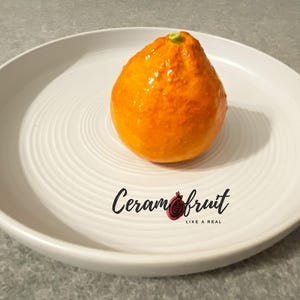 Puede incluir: Una fruta naranja de cerámica en un plato blanco con el texto "Ceram fruit like a real" impreso en el plato.