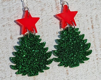 Glitter Earrings, Christmas Tree Earrings, Holiday Earrings, Lightweight Drop Earrings, Festive Novelty Earrings For Christmas, Green Tree