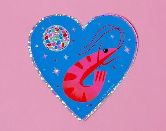Shrimp Disco Heart-Shaped Glitter Vinyl Sticker