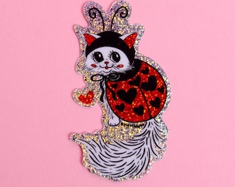 Love Bug Cat Glitter Vinyl Sticker