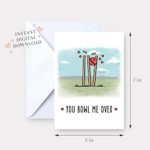 You Bowl me Over! - PRINTABLE birthday card 5x7 South Asian funny digital download Indian Pakistani Happy Valentines Cricket Anniversary
