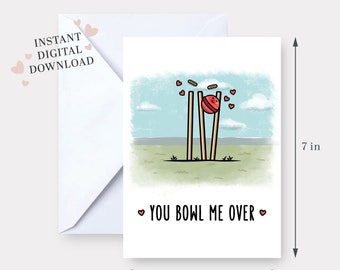 You Bowl me Over! - PRINTABLE birthday card 5x7 South Asian funny digital download Indian Pakistani Happy Valentines Cricket Anniversary