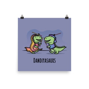 Dandiyasaurs - Matte Poster Print (The Cute Pista): Desi Gifts, Bollywood Prints, South Asian Gifts, Art Print, Indian Art, Garba