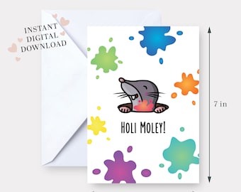 Holi Moley! - PRINTABLE Holi card 5x7 South Asian digital Indian Pakistani Punjabi Diwali funny cute friends rangoli holi hai colors