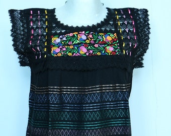 boho black blouse, Oaxaca embroidery, Mexican  blouse, black boho embroidered top, birds embroidery, Mexican black, rebozo loom blouse