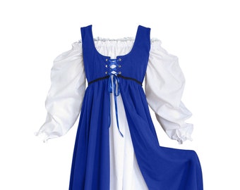 Royal Blue Medieval Dress, Renaissance Peasant Gown, with White Chemise Costume for Halloween RenFaire