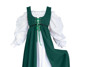 Green Medieval Dress, Renaissance Peasant Gown, with White Chemise Costume for Halloween RenFaire