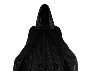 BLACK Cloak Lined with BLACK Fleur-de-lis, Hooded Cape, Velvet Medieval Gothic Larp Halloween Wicca Wizard Costume Hood for Men and Women