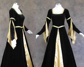Black Velvet Renaissance Medieval Gown with Satin Panel Insert and Ribbon Accents Women Medieval Dress Renaissance Gothic Cosplay Halloween