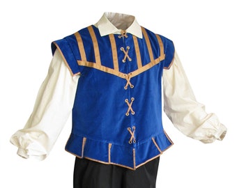 Mens Medieval Costume, 3 Pc Ren Faire Halloween Costume, Renaissance doublet, Black breeches & White Larp Shirt, Wedding Colors Made