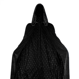 BLACK Cloak Lined with BLACK Fleur-de-lis, Hooded Cape, Velvet Medieval Gothic Larp Halloween Wicca Wizard Costume Hood for Men and Women