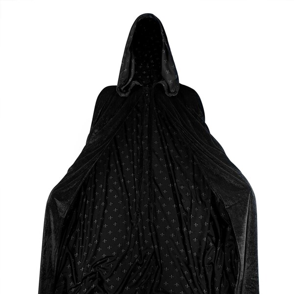 BLACK Cloak Lined with BLACK Fleur-de-lis, Hooded Cape, Velvet Medieval Gothic Larp Halloween Wicca Wizard Costume Hood for Men and Women