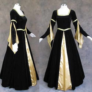 Black Velvet Renaissance Medieval Gown with Satin Panel Insert and Ribbon Accents Women Medieval Dress Renaissance Gothic Cosplay Halloween