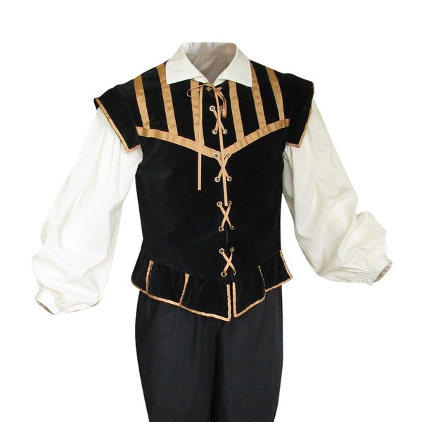 Men's Renaissance Costume 3-Piece Set, Ren Faire Ready, Medieval Inspired, Wedding, Halloween, Doublet, Black Breeches & White Larp Shirt