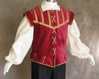 Men Renaissance Costume for Halloween, 3 Pc Halloween costume, RenFaire doublet, Breeches & Pirate blouse, Historical Clothing for Men