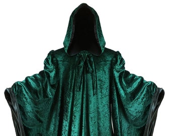 Wizard Emerald GREEN Velvet Robe with Hood Sleeves , Halloween Fashion Adult Costume, Lined in BLACK Satin, Cosplay, 64" Cloak GOT