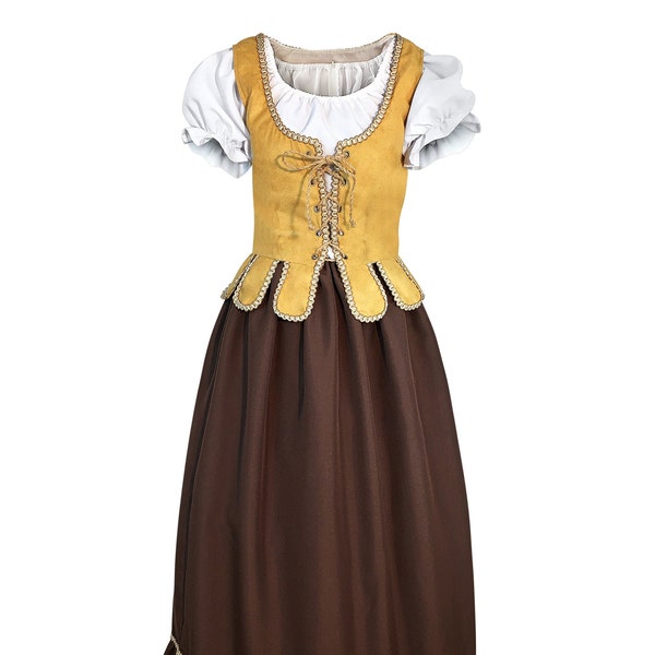 Medieval Maiden Dress, 2Pc Renaissance Peasant Costume, Bodice with White and Brown Gown, Halloween or Ren Faire Regular Plus Size