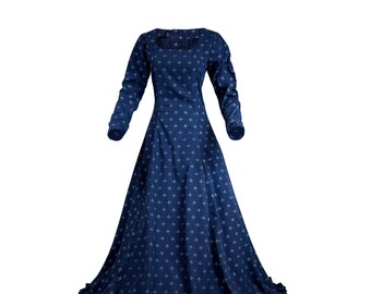 Navy Blue Renaissance, Fleur De Lis Medieval Dress, Costume Gown, Queen Women Cosplay Celtic Halloween Regular and Plus Size