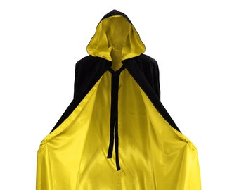 Black Cloak lined in Yellow Satin, Luxury Cape with hood, Fashion, Vampire Halloween Costume, Witch Medieval Cosplay Goth