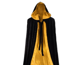 Black Cloak Lined with Gold Satin, Long Hooded Cape, Velvet Medieval Gothic Larp Halloween Wicca Wizard Robe Costume Hood for Men and Women