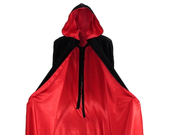 Black Cloak Lined with Red Satin, Hooded Cape, Velvet Medieval Gothic Larp Halloween Wicca Wizard Robe Costume Hood for Men and Women