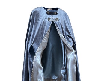 Gray Velvet Cape, Lined in SILVER Satin, Medium Length, Wander's Cloak, Costume for Halloween, Witch, Medieval Cosplay, Goth or Victorian