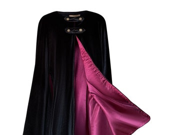 Black Velvet Cape, Lined in BURGUNDY Satin, Medium Length, Wander's Cloak, Costume for Halloween, Witch, Medieval Cosplay, Goth or Victorian