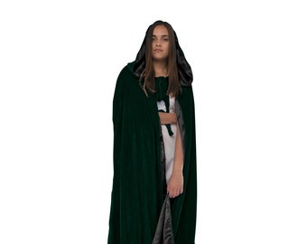 Dark Green Cloak fully Lined with Black Satin, Hooded Velvet Medieval Gothic Larp Halloween Wicca Wizard Robe Costume Hood for Men and Women