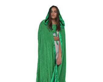 Green Cloak Lined w/ Kelly Green Satin, Hooded Cape, Velvet Medieval Gothic Larp Halloween Wicca Wizard Robe Costume Hood for Men and Women