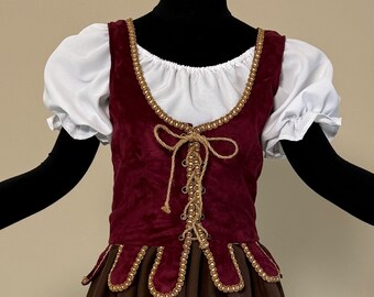 Burgundy Medieval Maiden Dress, 2Pc Renaissance Peasant Costume, Bodice with White and Brown Gown, Halloween or Ren Faire Regular Plus Size