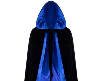 Black Cloak Lined with Royal BLUE Satin, Hooded Cape, Velvet Medieval Gothic Larp Halloween Wicca Wizard Robe Costume Hood for Men and Women