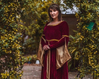 Burgundy Velvet Renaissance Medieval Gown with Satin Panel Insert and Ribbon Accents Women Medieval Dress Renaissance Gothic Halloween