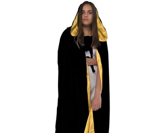 BLACK Cloak Lined with GOLD Satin, Hooded Cape, Velvet Medieval Gothic Larp Halloween Wicca Wizard Robe Costume Hood for Men and Women