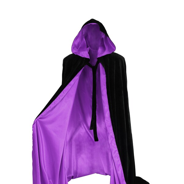 Black Cloak fully lined with PURPLE Satin Hooded Velvet Medieval Gothic Larp Halloween Wicca Wizard Robe Costume with Hood for Men and Women