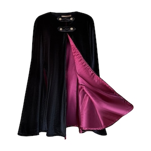 Black Velvet Cape, Lined in BURGUNDY Satin, Medium Length, Wander's Cloak, Costume for Halloween, Witch, Medieval Cosplay, Goth or Victorian