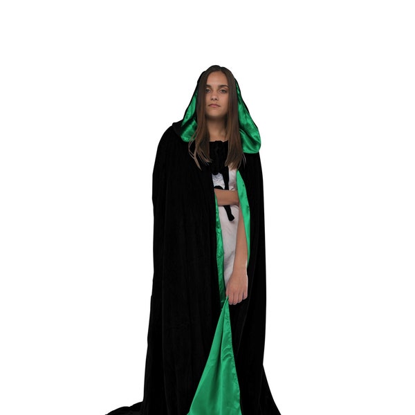 Black Cloak Lined with GREEN Satin, Hooded Cape Velvet Medieval Gothic Larp Halloween Wicca Wizard Robe Costume Hood for Men and Women