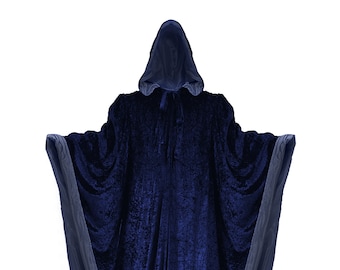 Wizard Robe Navy Blue with Hood and Sleeves, Halloween Party Costume for Adults,  Velvet Lined in BLUE Satin Cosplay, Witch, 64" Cloak GOT