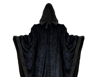 Wizard BLACK Robe with Hood and Sleeves, Velvet Halloween, Simple Costume for Adults,  Lined in BLACK Satin Cosplay, Witch, 64" Cloak GOT