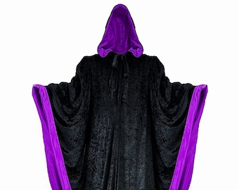 BLACK Wizard Robe with Hood and Sleeves, Velvet Halloween, Simple Costume for Adults,  Lined in PURPLE Satin Cosplay, Witch, 64" Cloak GOT