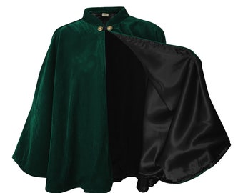 Dark Green Velvet Cape Capelet Lined in BLACK Satin Vampire Cloak, Costume for Halloween, Witch Medieval Cosplay Goth
