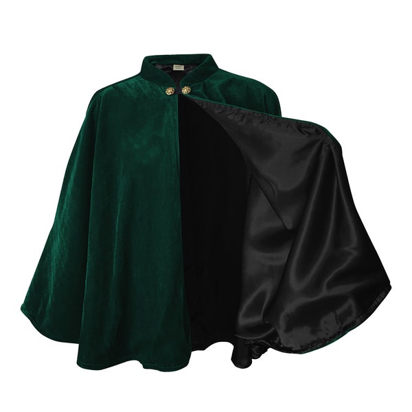 Dark Green Velvet Cape Capelet Lined in BLACK Satin Vampire Cloak, Costume for Halloween, Witch Medieval Cosplay Goth