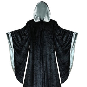 Wizard BLACK Robe with Hood and Sleeves, Velvet Halloween, Simple Costume for Adults, Lined in SILVER Satin Cosplay, Witch, 64 Cloak GOT image 3