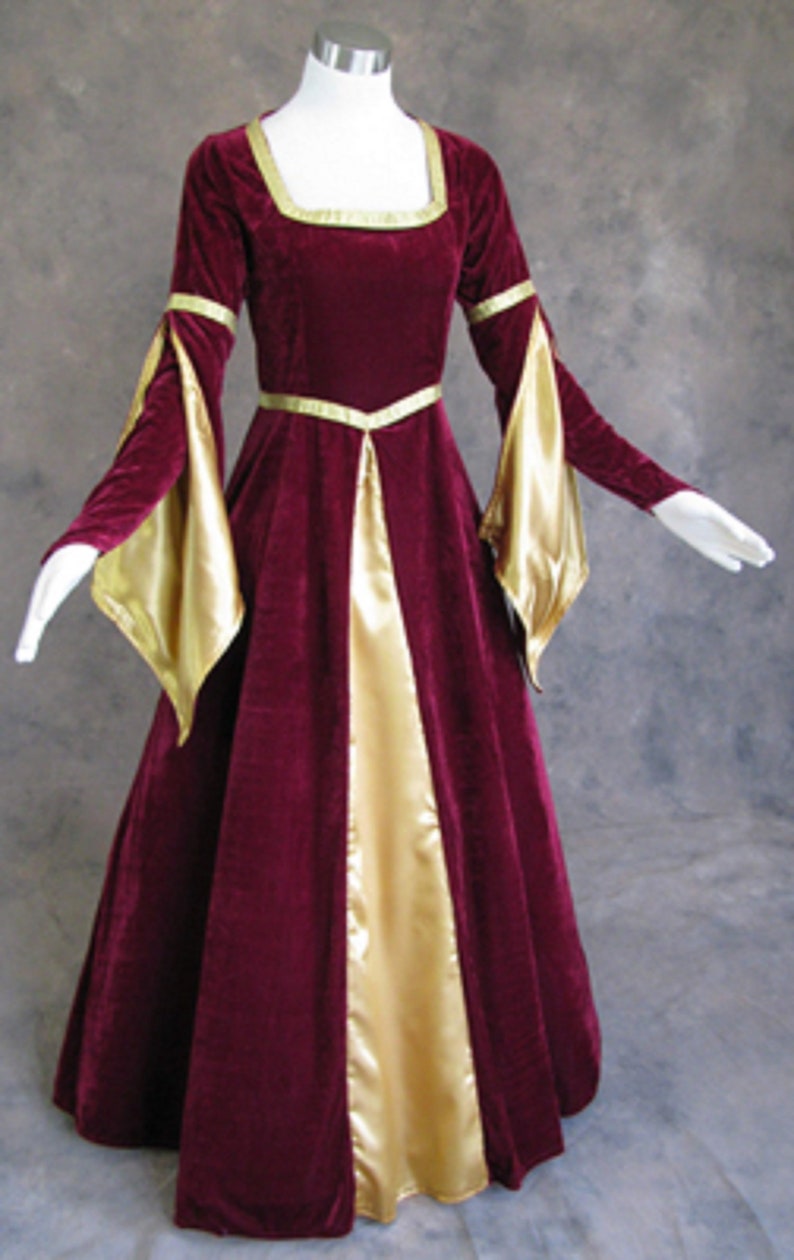 Burgundy Velvet Renaissance Medieval Gown with Satin Panel Insert and Ribbon Accents Women Medieval Dress Renaissance Gothic Halloween image 5